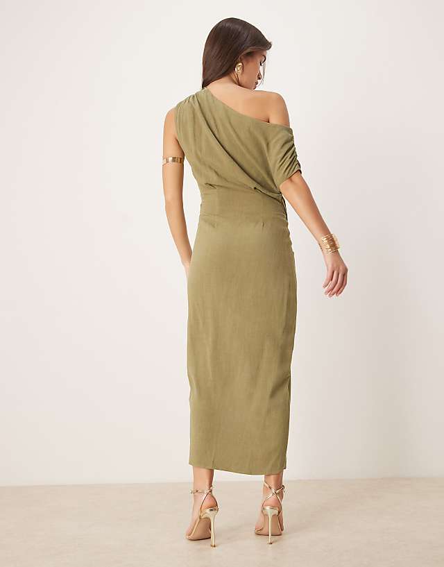 ASOS DESIGN Linen Fallen Twist Shoulder Wrap Skirt Detail Midi Dress In Khaki