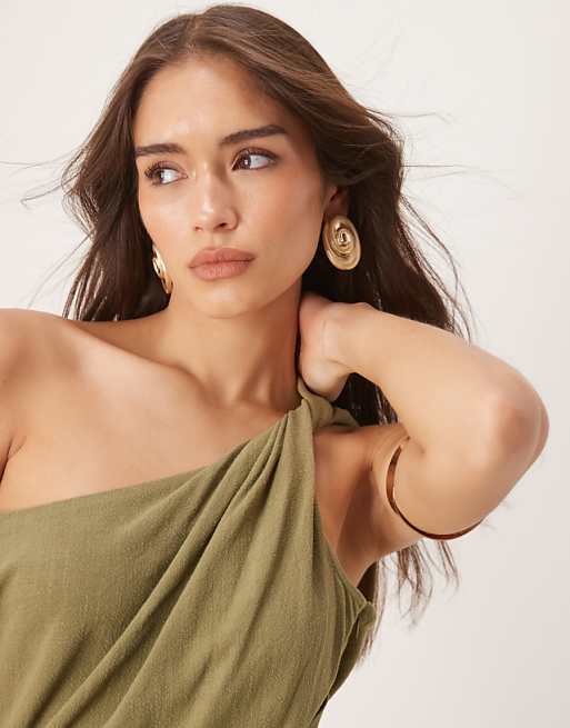 ASOS DESIGN Linen Fallen Twist Shoulder Wrap Skirt Detail Midi Dress In Khaki