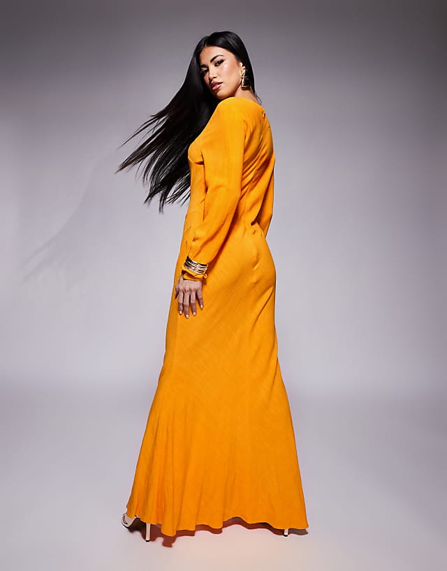 ASOS DESIGN Linen High Neck Seam Detail Maxi Dress In Orange