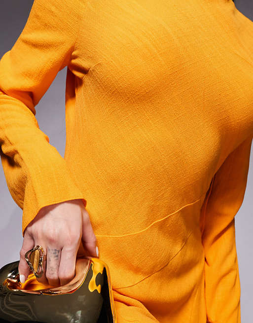 ASOS DESIGN Linen High Neck Seam Detail Maxi Dress In Orange