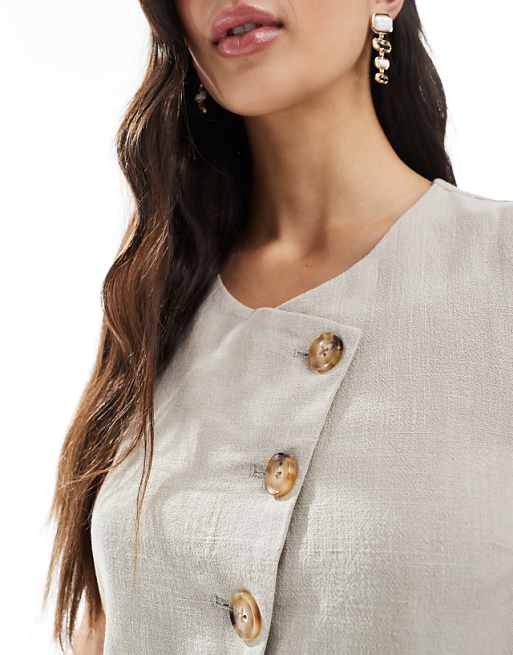 ASOS DESIGN Linen Look Asymmetric Button Front Waistcoat In Stone