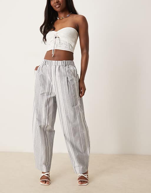 ASOS DESIGN Linen Look Barrel Trousers In Black Stripe