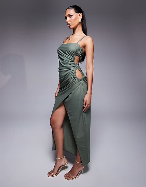 ASOS DESIGN Linen Look Drapey Cami Midi Dress With Channelled Cut Out Detail In Khaki