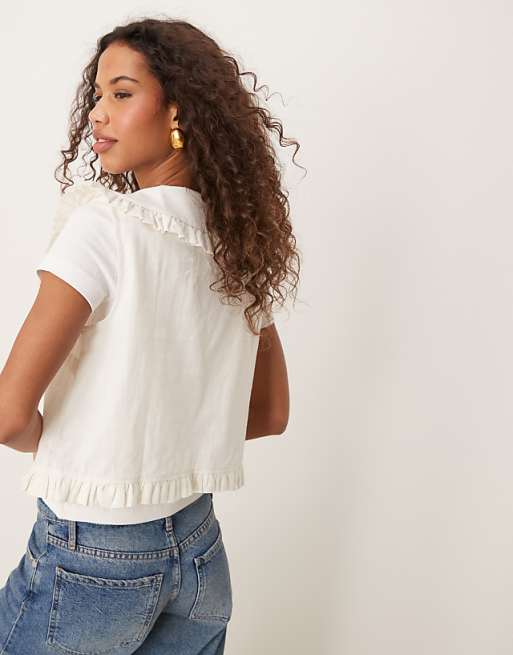 ASOS DESIGN Linen Look Frill Collar Waistcoat In Ivory