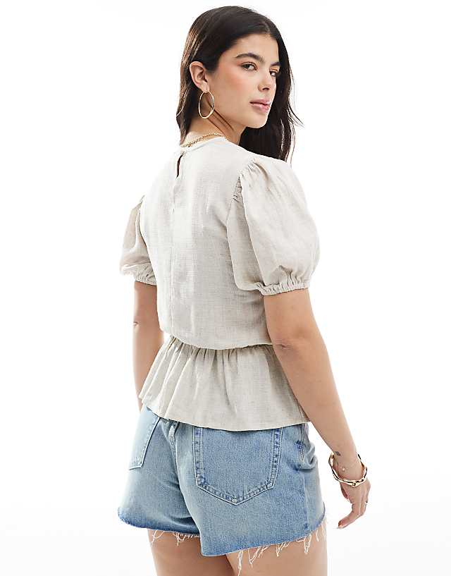 ASOS DESIGN Linen Look Peplum Top With Puff Sleeve In Stone
