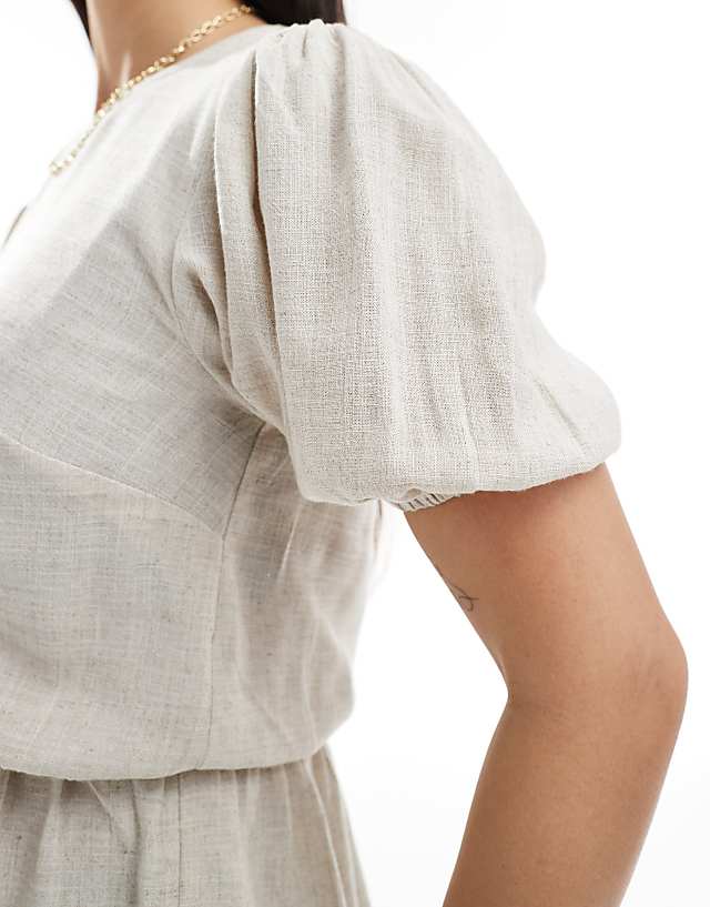 ASOS DESIGN Linen Look Peplum Top With Puff Sleeve In Stone