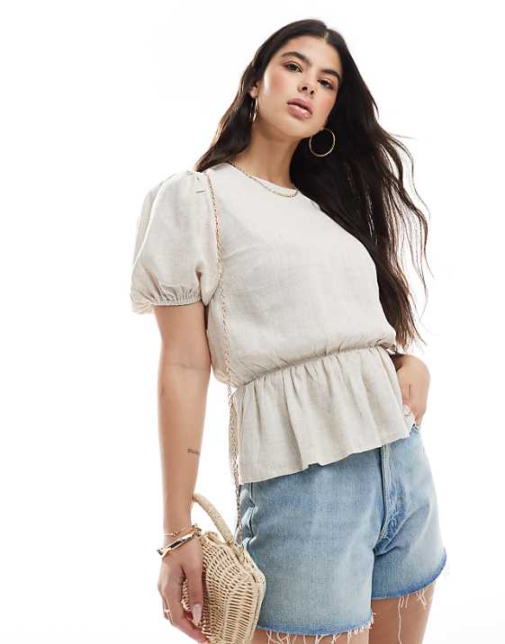 ASOS DESIGN linen look peplum top with puff sleeve in stone