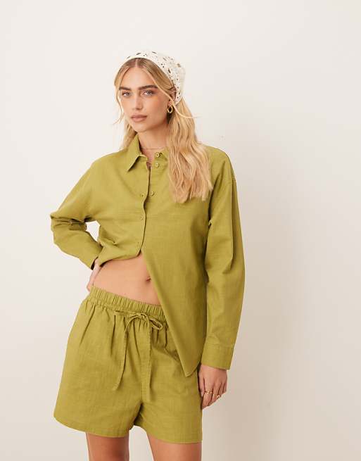 ASOS DESIGN Linen Look Pull On Short Co-ord In Olive