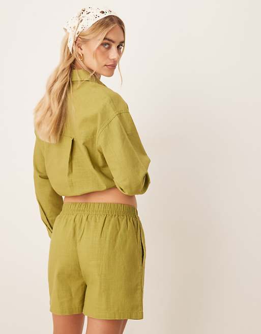 ASOS DESIGN Linen Look Pull On Short Co-ord In Olive