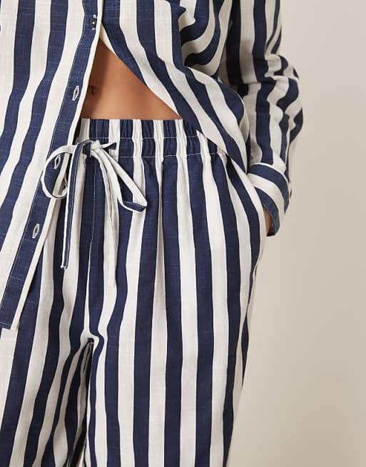ASOS DESIGN Linen Look Pull On Trouser Co-ord In Navy Stripe