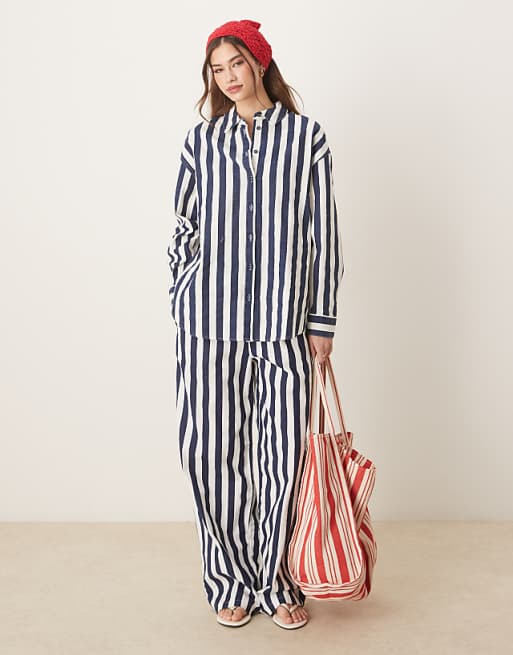 ASOS DESIGN Linen Look Pull On Trouser Co-ord In Navy Stripe
