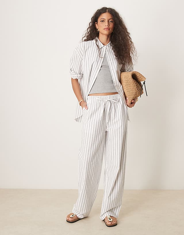 ASOS DESIGN Linen Look Pull On Trousers Co-ord In Black Stripe