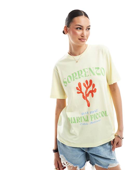 ASOS DESIGN Linen Look Regular Fit T-shirt With Coral Graphic In Lemon