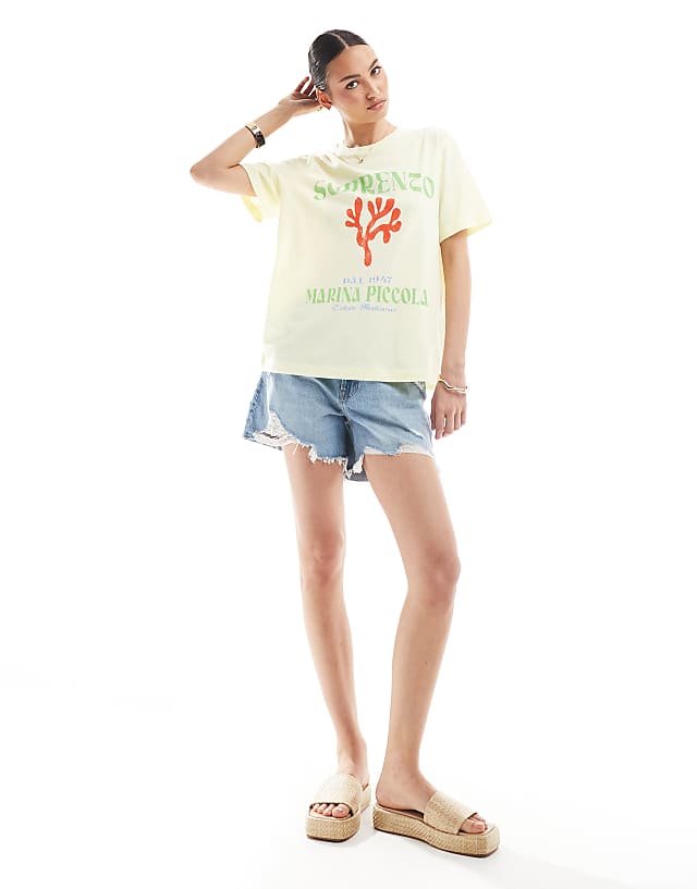 ASOS DESIGN Linen Look Regular Fit T-shirt With Coral Graphic In Lemon