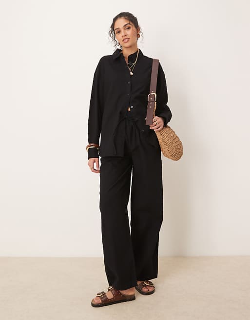 ASOS DESIGN linen look shirt and pull on trousers co-ord in black
