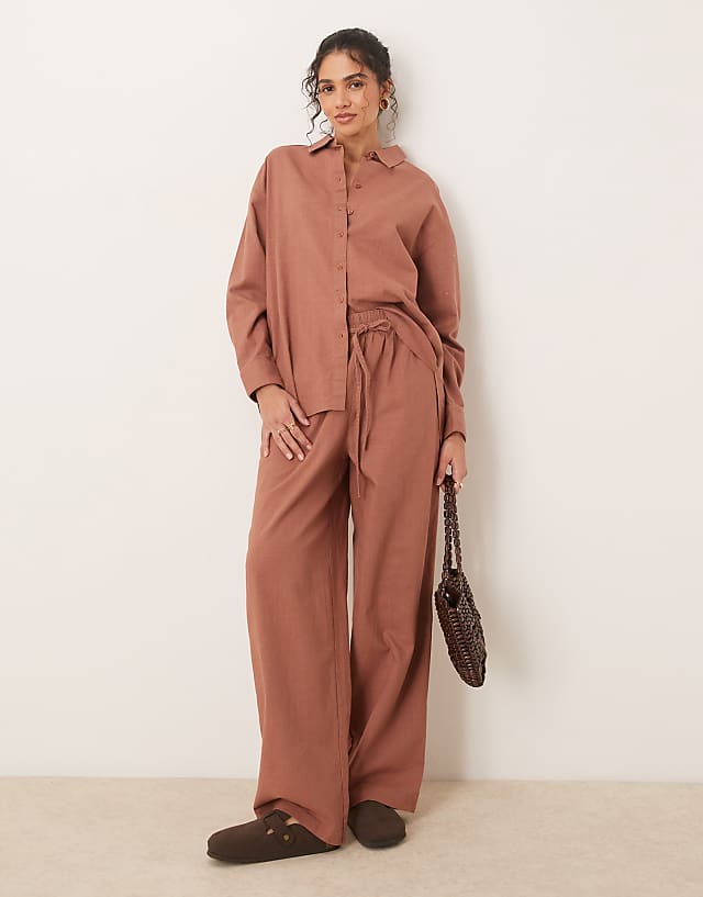 ASOS DESIGN linen look shirt and trousers co-ord in mocha