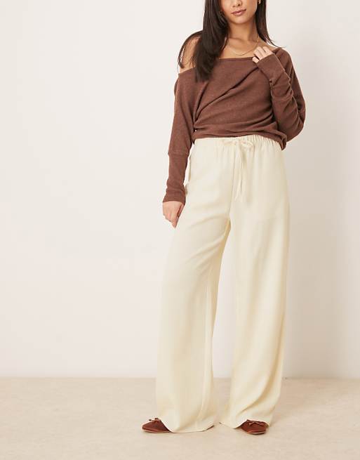 ASOS DESIGN linen look tailored tie waist pull on trouser in buttermilk