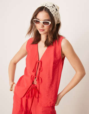 ASOS DESIGN Linen Look Tie Front Top & Trouser Co-ord In Red