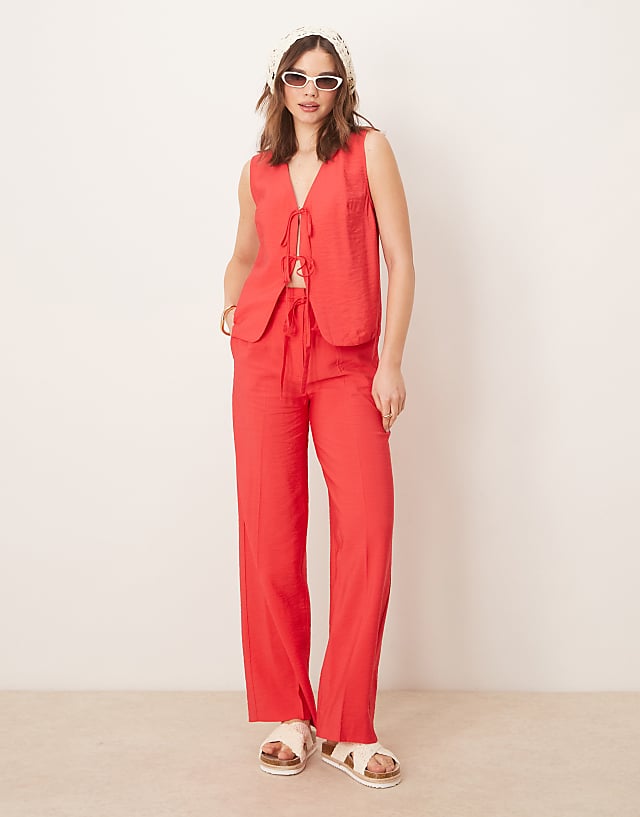 ASOS DESIGN Linen Look Tie Front Top & Trouser Co-ord In Red