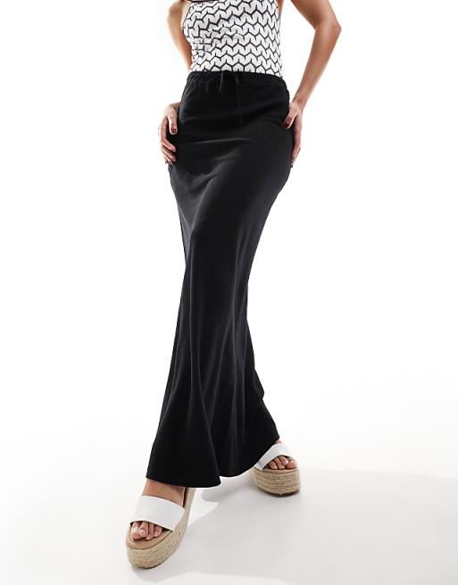 ASOS DESIGN Linen Look Tie Waist Bias Maxi Skirt In Black
