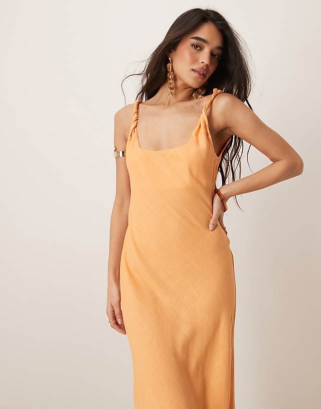 ASOS DESIGN Linen Look Twist Strap Bias Maxi Dress In Papaya