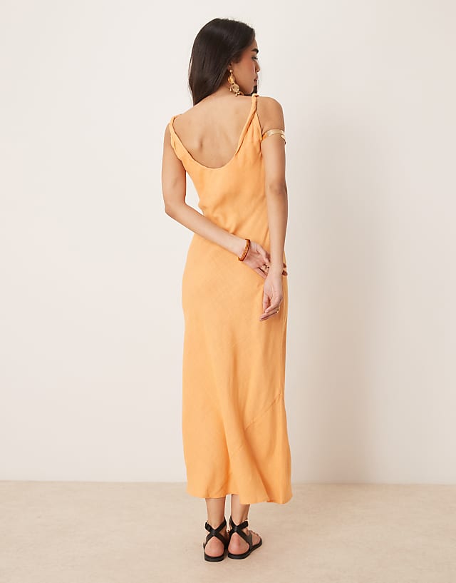 ASOS DESIGN Linen Look Twist Strap Bias Maxi Dress In Papaya
