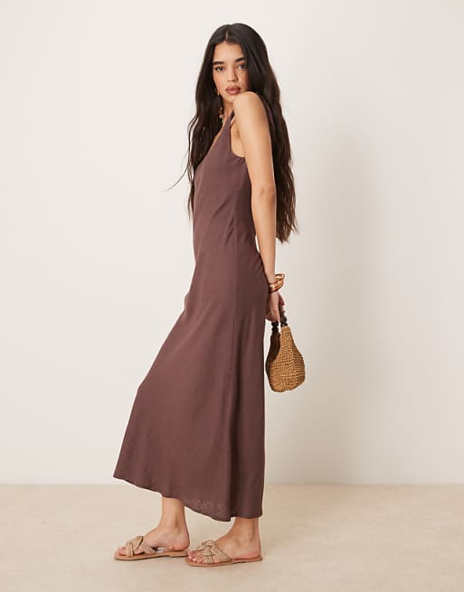 ASOS DESIGN Linen Look Twist Strap Bias Maxi Dress In Chocolate