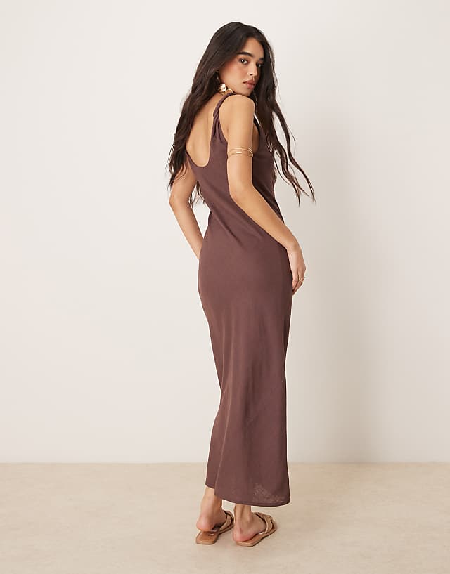 ASOS DESIGN Linen Look Twist Strap Bias Maxi Dress In Chocolate