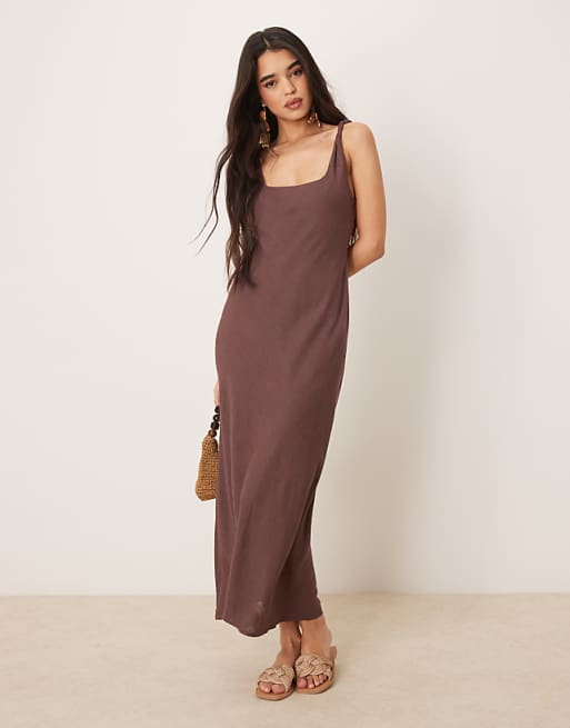 ASOS DESIGN linen look twist strap bias maxi dress in chocolate