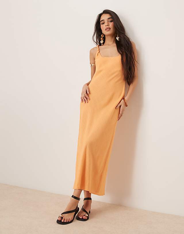 ASOS DESIGN Linen Look Twist Strap Bias Maxi Dress In Papaya