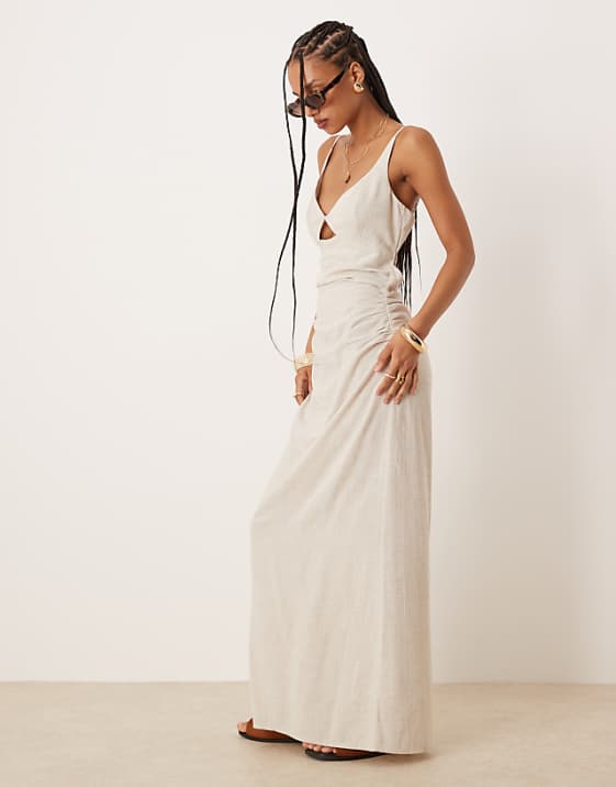 ASOS DESIGN linen maxi sundress with bralet cut out in oat