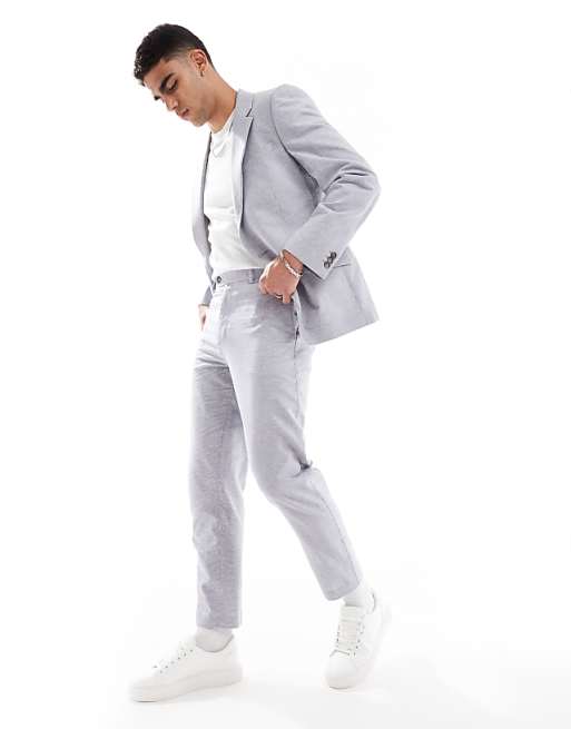 ASOS DESIGN Linen Mix Slim Suit In Grey Puppytooth