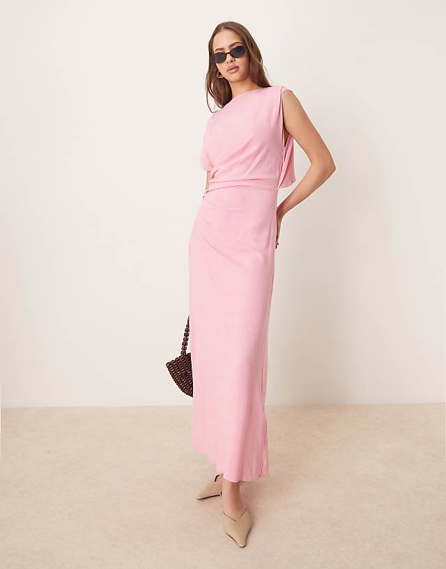 ASOS DESIGN Linen Open Back Draped Waist Midaxi Dress In Pink