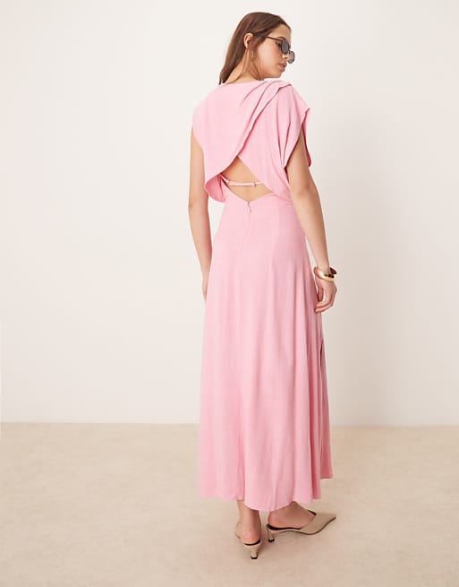 ASOS DESIGN Linen Open Back Draped Waist Midaxi Dress In Pink