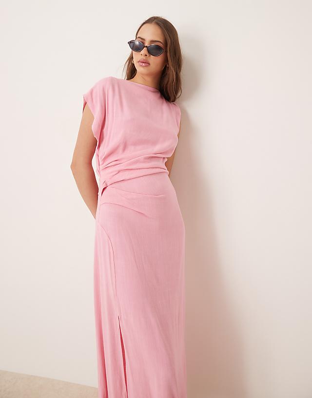 ASOS DESIGN linen open back draped waist midaxi dress in pink