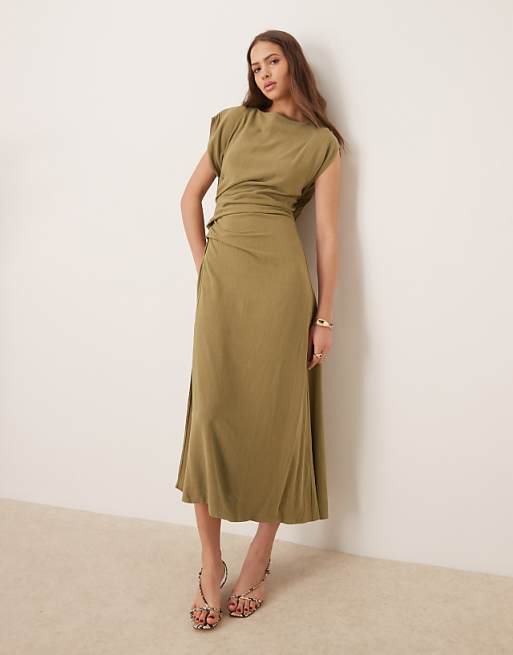 ASOS DESIGN Linen Open Back Draped Waist Midi Dress In Khaki
