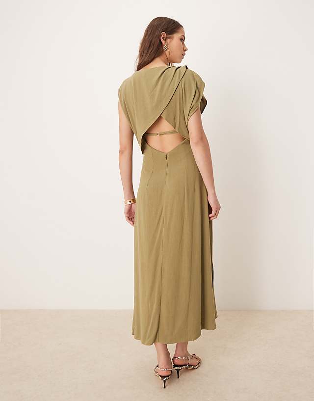 ASOS DESIGN Linen Open Back Draped Waist Midi Dress In Khaki