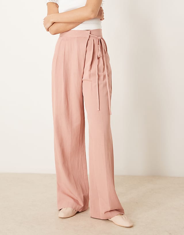 ASOS DESIGN Linen Tie Front Wide Leg Trousers In Apricot