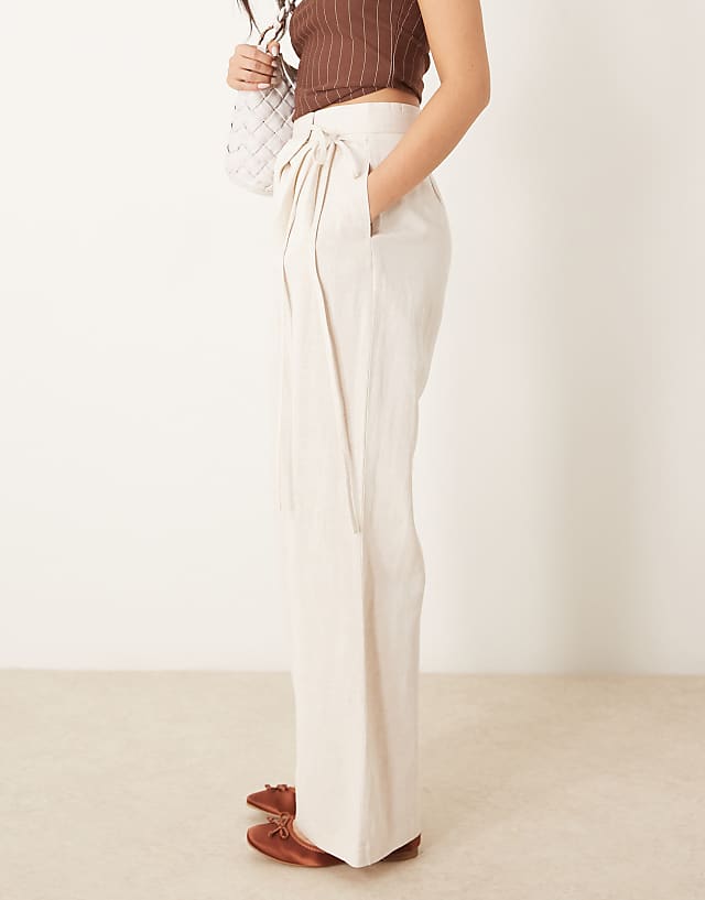 ASOS DESIGN Linen Tie Front Wide Leg Trousers In Stone