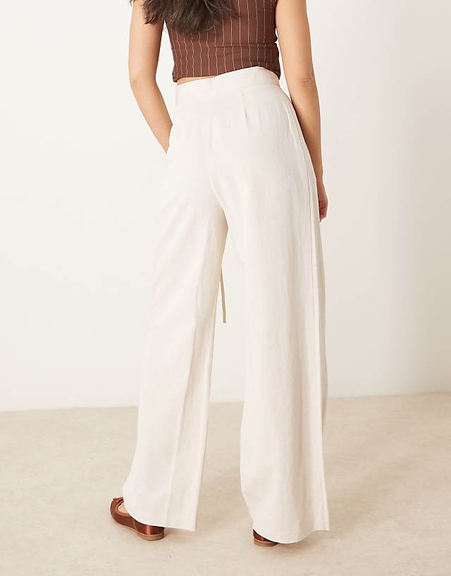ASOS DESIGN Linen Tie Front Wide Leg Trousers In Stone