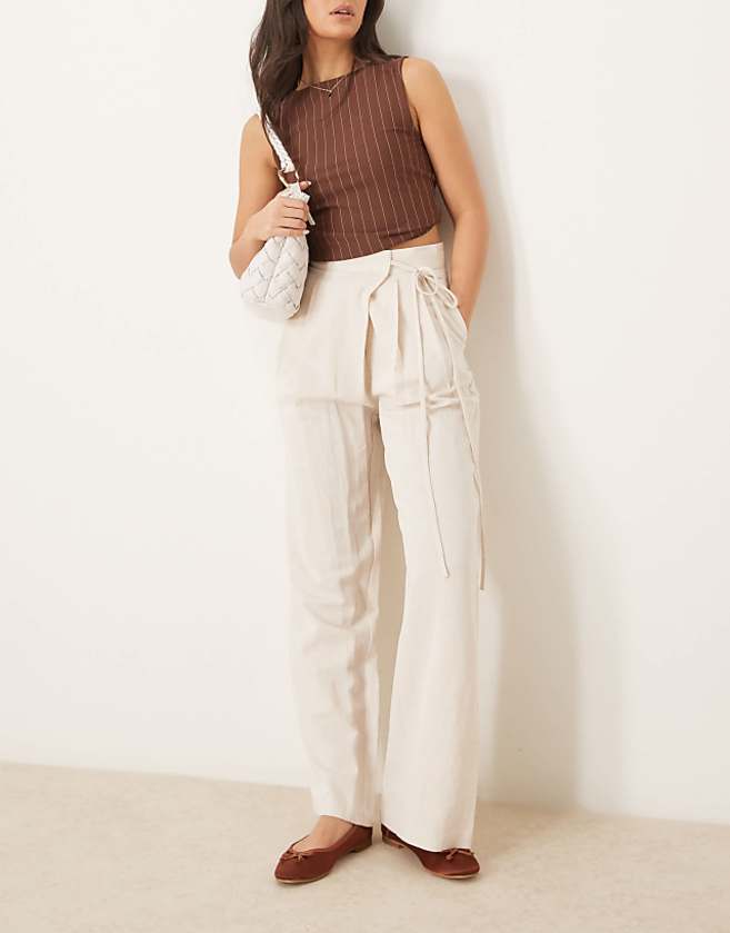 ASOS DESIGN Linen Tie Front Wide Leg Trousers In Stone