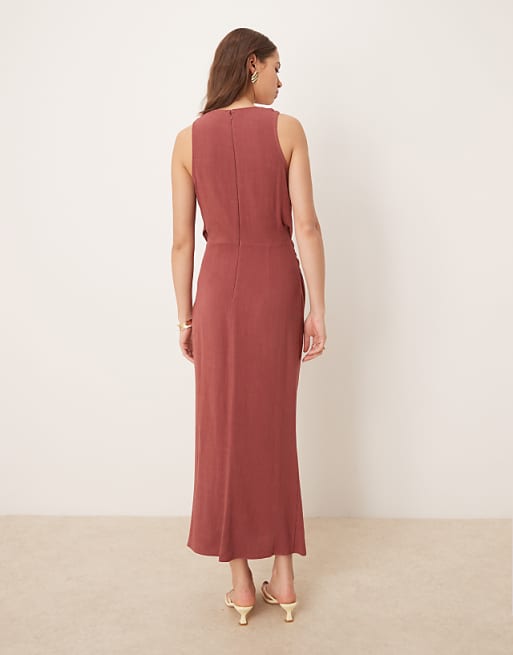 ASOS DESIGN Linen Twist Shoulder Detail Midi Dress With Ruching In Apple Butter