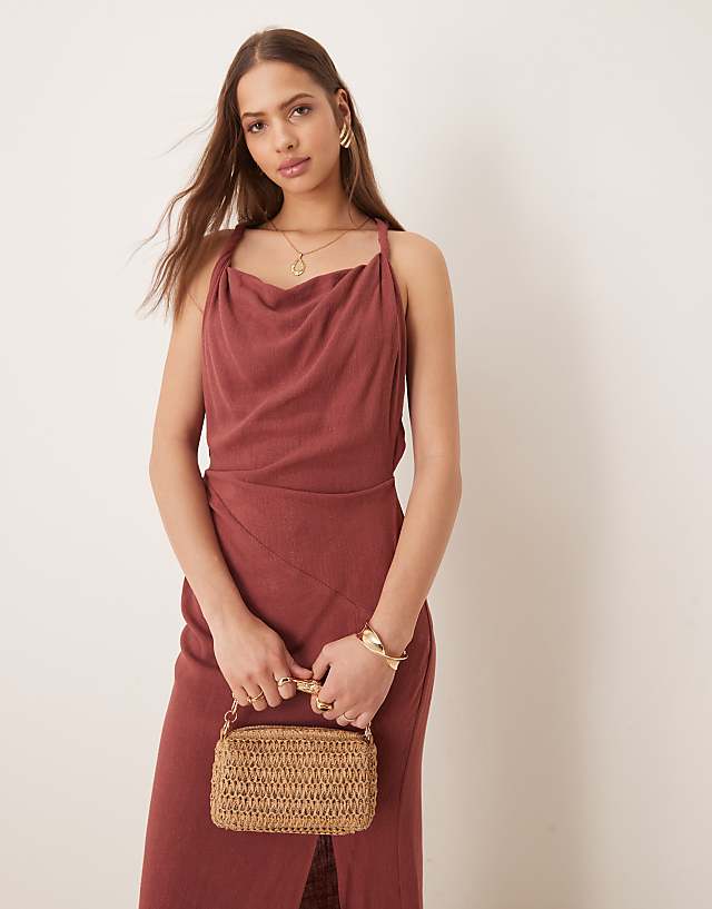 ASOS DESIGN Linen Twist Shoulder Detail Midi Dress With Ruching In Apple Butter