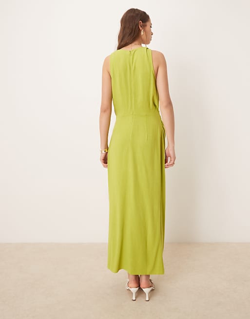 ASOS DESIGN Linen Twist Shoulder Detail Midi Dress With Ruching In Pale Green