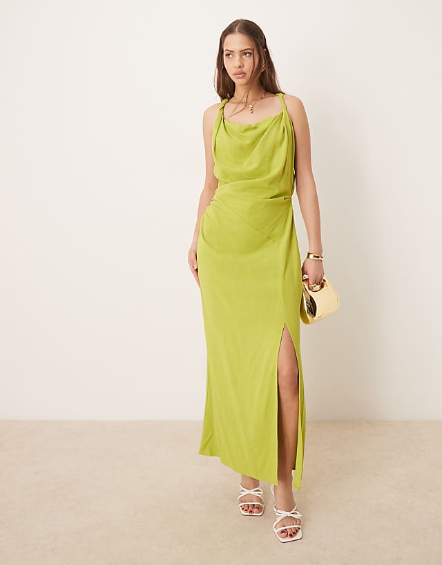 ASOS DESIGN linen twist shoulder detail midi dress with ruching in pale green
