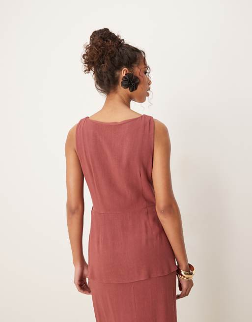 ASOS DESIGN Linen Waistcoat Detail Midi Dress In Apple Butter