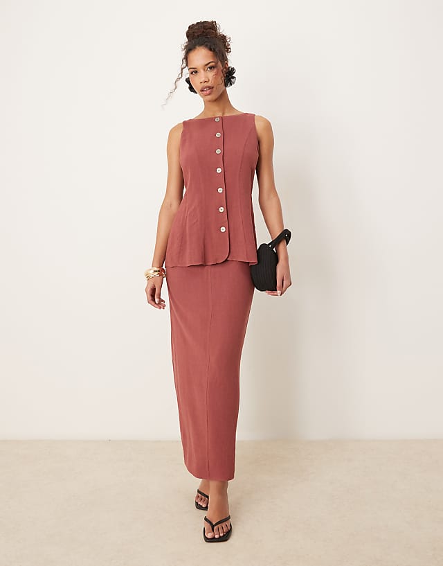 ASOS DESIGN Linen Waistcoat Detail Midi Dress In Apple Butter