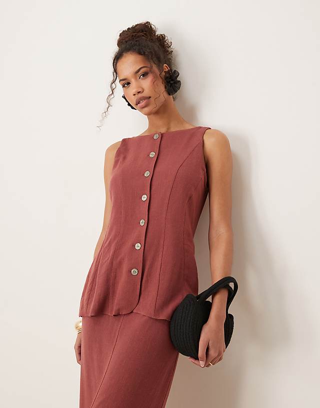 ASOS DESIGN linen waistcoat detail midi dress in apple butter