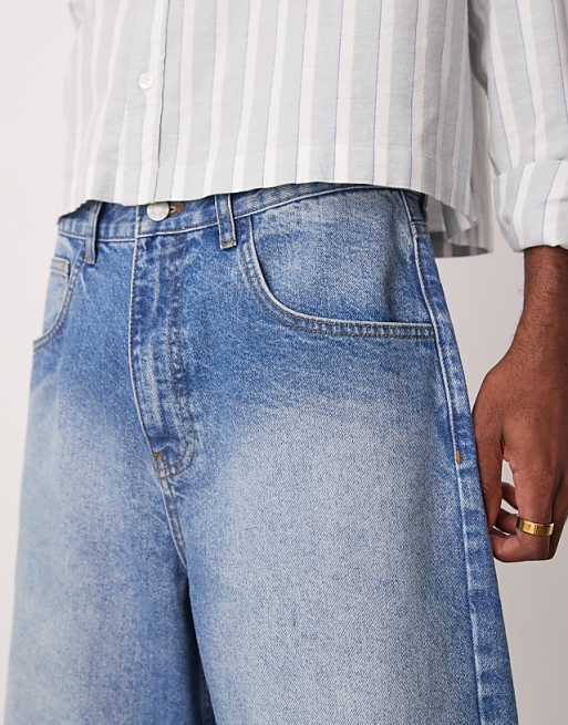 ASOS DESIGN Long Length Denim Fatigue Jorts In Mid Wash Blue