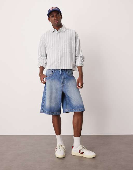 ASOS DESIGN Long Length Denim Fatigue Jorts In Mid Wash Blue